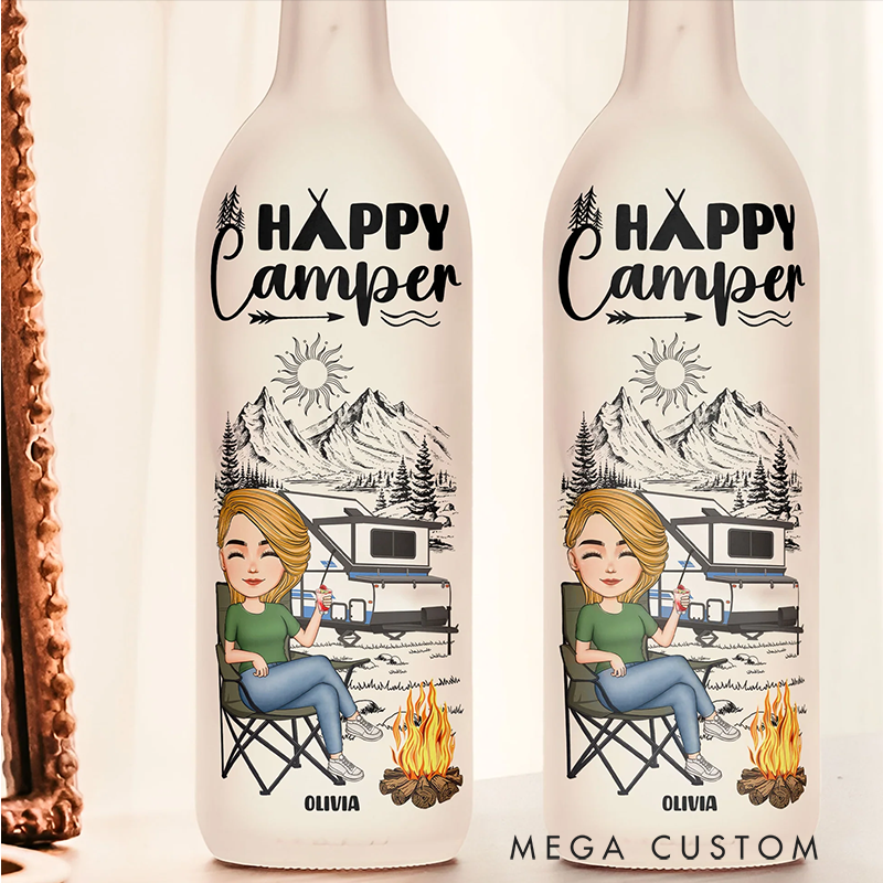 Personalized Happy Camper Bottle Lamp Gift for Friend Outdoors Camping Lover