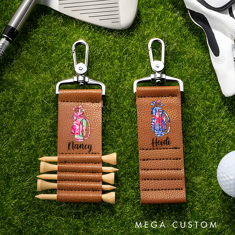 Personalized Golf Tee Holder Keychain with Custom Name and Colorful Golf Bag Design