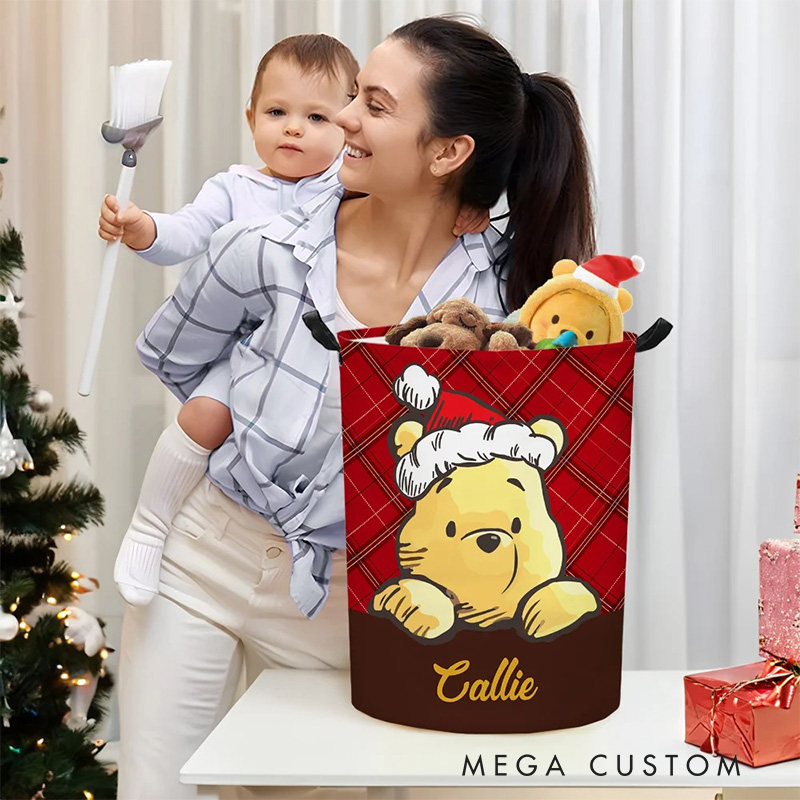 Personalized Santa Hat Cartoon Bear Collapsible Storage Basket for Laundry Toys Organizer Cartoon Lover Gift for Kids