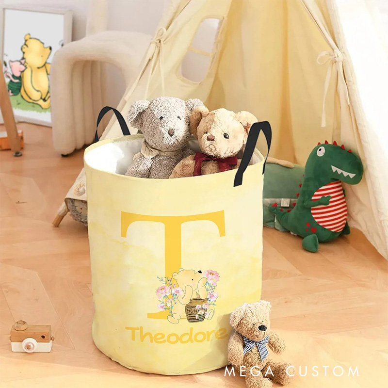 Personalized Cartoon Bear Initial Collapsible Storage Basket for Laundry Toys Organizer Cartoon Lover Gift for Kids