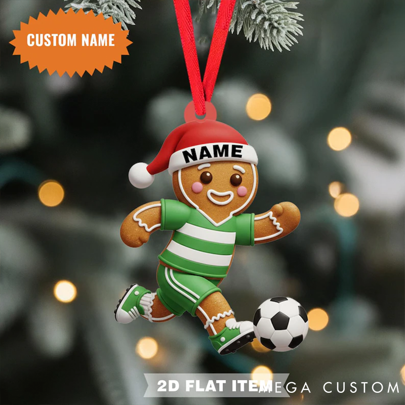 Personalized Gingerbread Soccer Player Christmas Ornament with Custom Name Festive Holiday Decoration for Soccer Fans