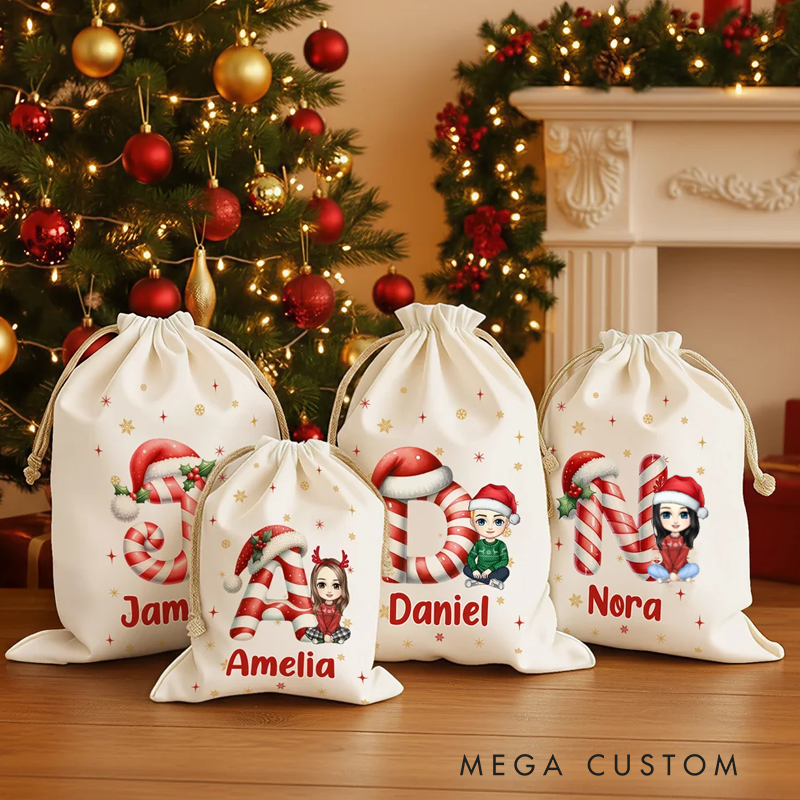 Personalized Santa Hat Initial Cartoon Character Canvas Drawstring Gift Bag with Name Christmas Gift