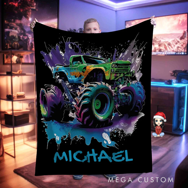 Personalized Big Wheel Off Road Truck Soft Throw Blanket with Name Home Decor Birthday Gift 