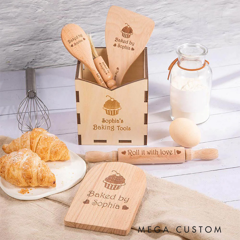 Personalized Wood Cooking Baking Tools with Name Set of 6 Kitchen Birthday Christmas Gift for Kids