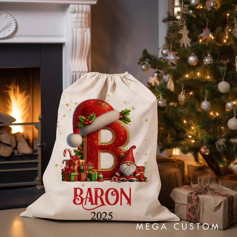 Personalized Festive Initial Christmas Bag with Santa Hat and Custom Name for Joyful Holiday Gift Giving Christmas Bag