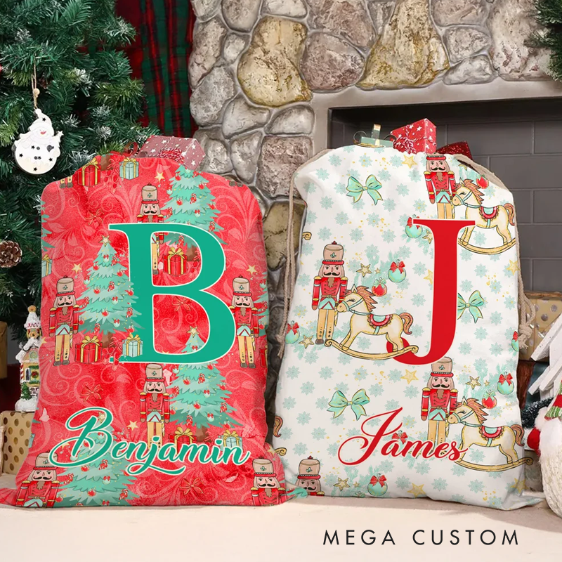 Personalized Christmas Tree Cartoon Nutcracker Canvas Drawstring Gift Bag with Name and Initial Christmas Gift 