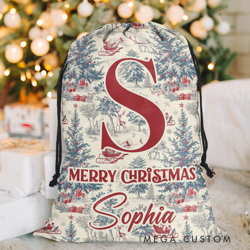 Personalized Christmas Toile De Jouy Monogram Letter Christmas Sack