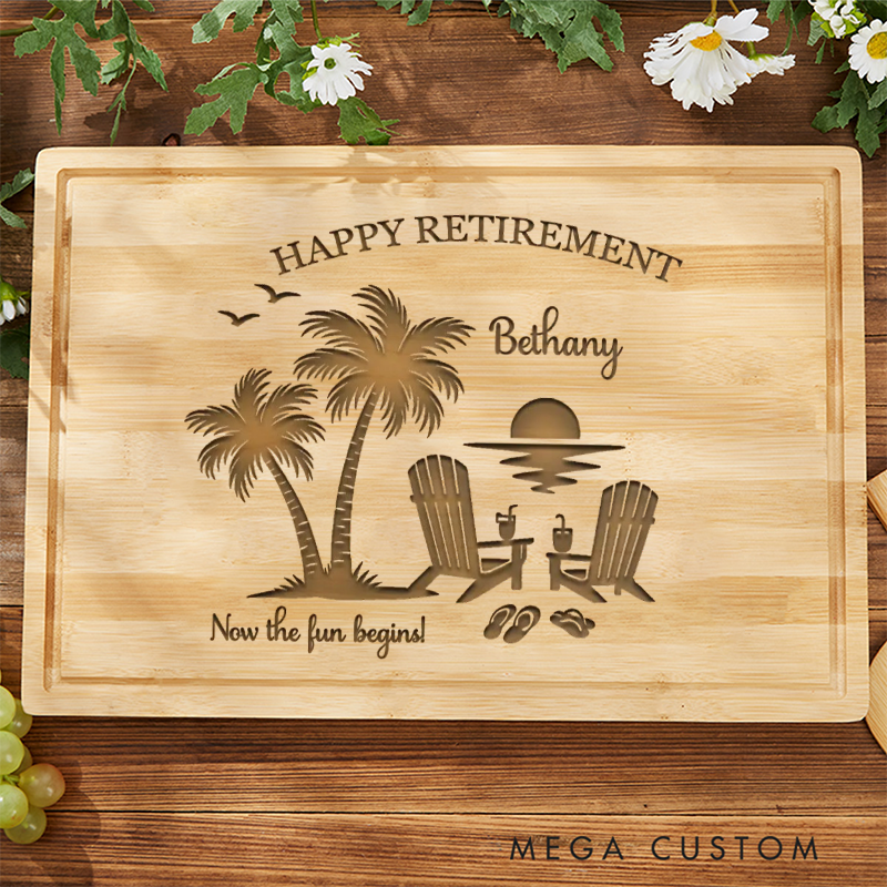 Personalized Retirement Cutting Board Custom Cutting Board Engraved Beach Scene Gift for Retirement Gift