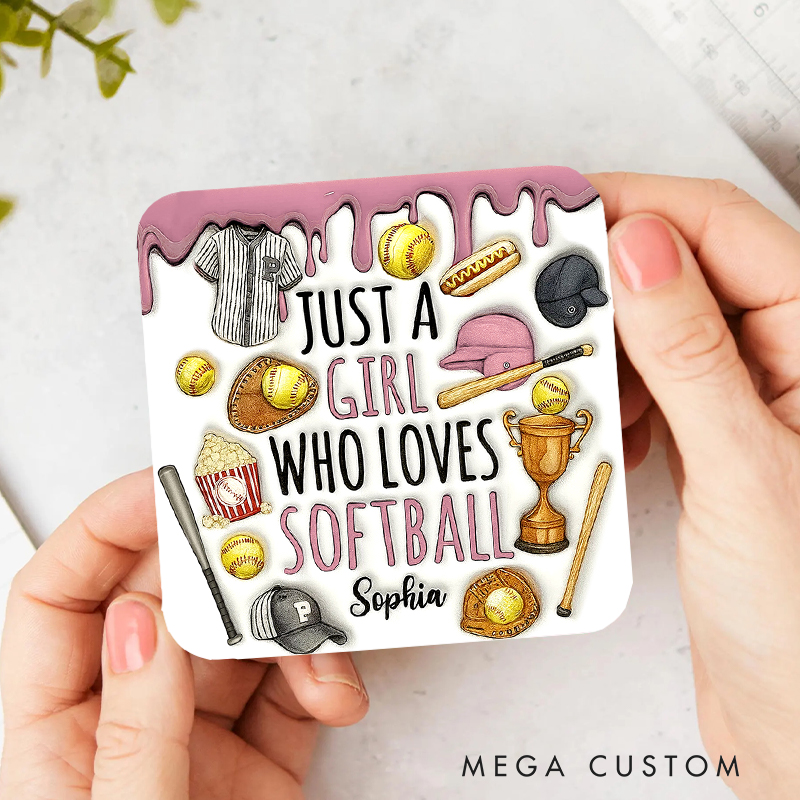 Personalized Softball Coaster with "Just a Girl Who Loves Softball" Design  and Custom Name