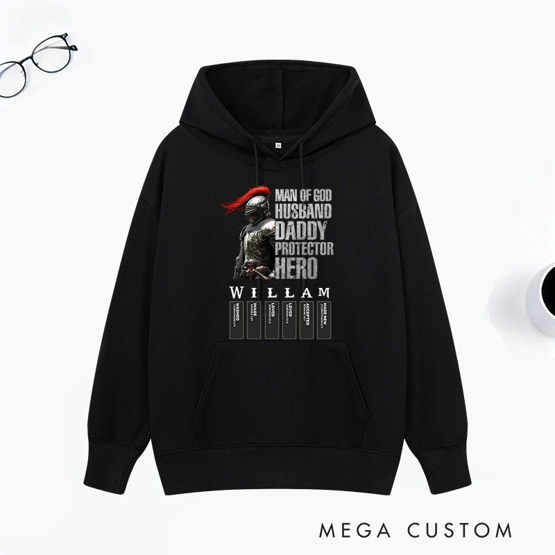Personalized Man of God Husband Daddy Protector Hero Classic Hoodies with Name Unisex Hoodies Religious Gift for Christian Men