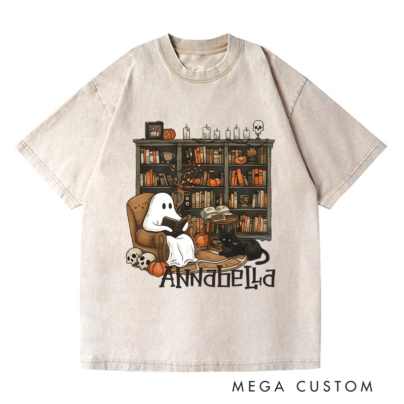 Personalized Retro Ghost Reading Books Washed T-Shirts Book Lover Shirt with Name Halloween Shirt Halloween Gifts Librarian Ghost Shirt