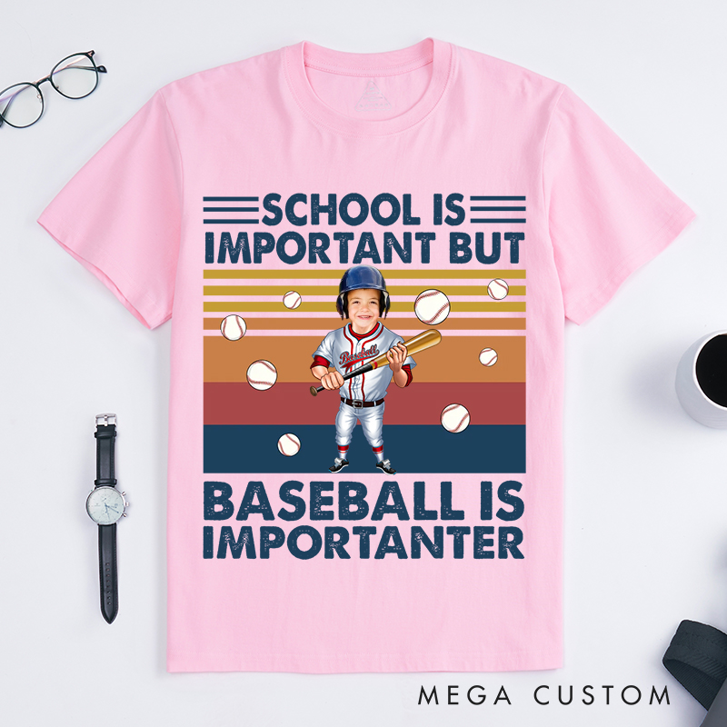 Personalized Baseball T-Shirt with "School Is Important But Baseball Is Importanter" Design with Your Photo