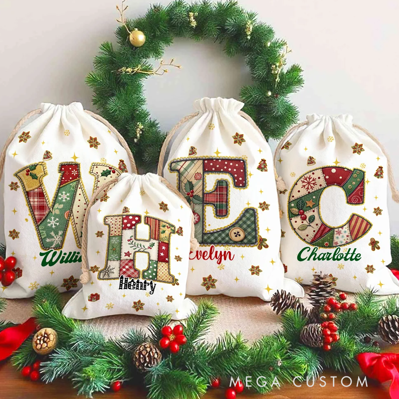 Personalized Christmas Tree Snowflake Initial Drawstring Canvas Gift Bag with Name Christmas Eve Party Favors for Kids