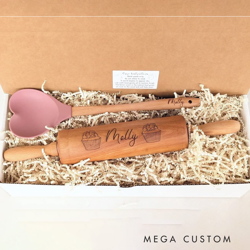 Personalized Rolling Pin and Spatula Baking Tools with Name Engraved Baking Gift Box Birthday Christmas Gift for Baker Baking Lover Gift