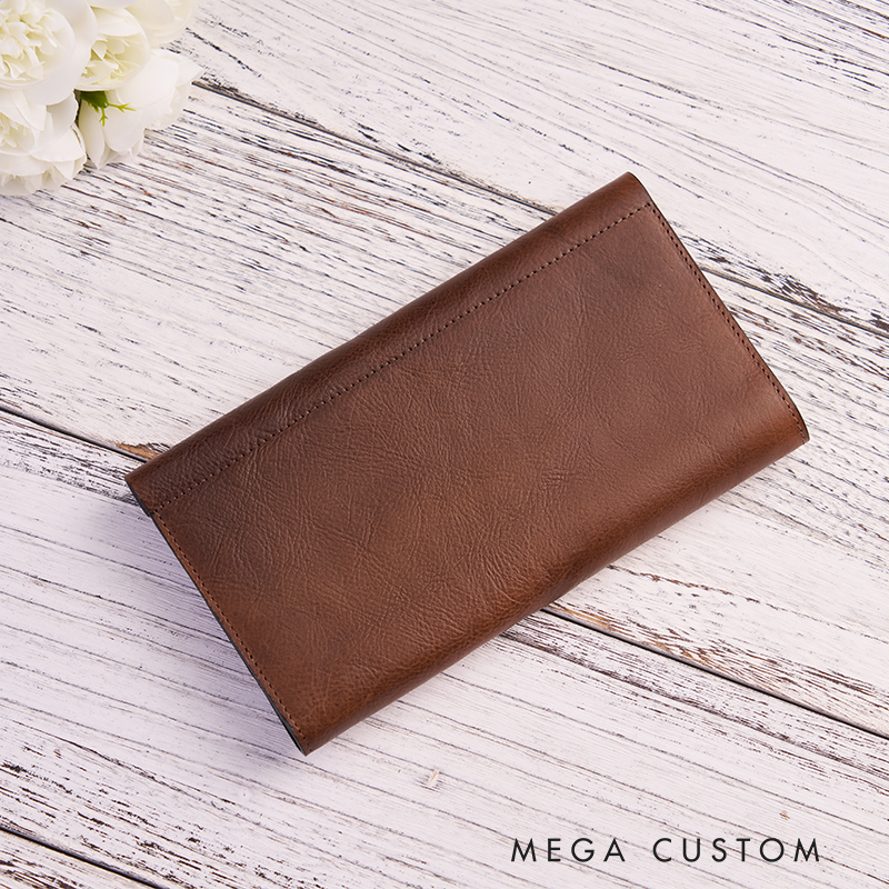 Personalized Leather Wallet For Her Birth Flower Wallet with Name Engraved W