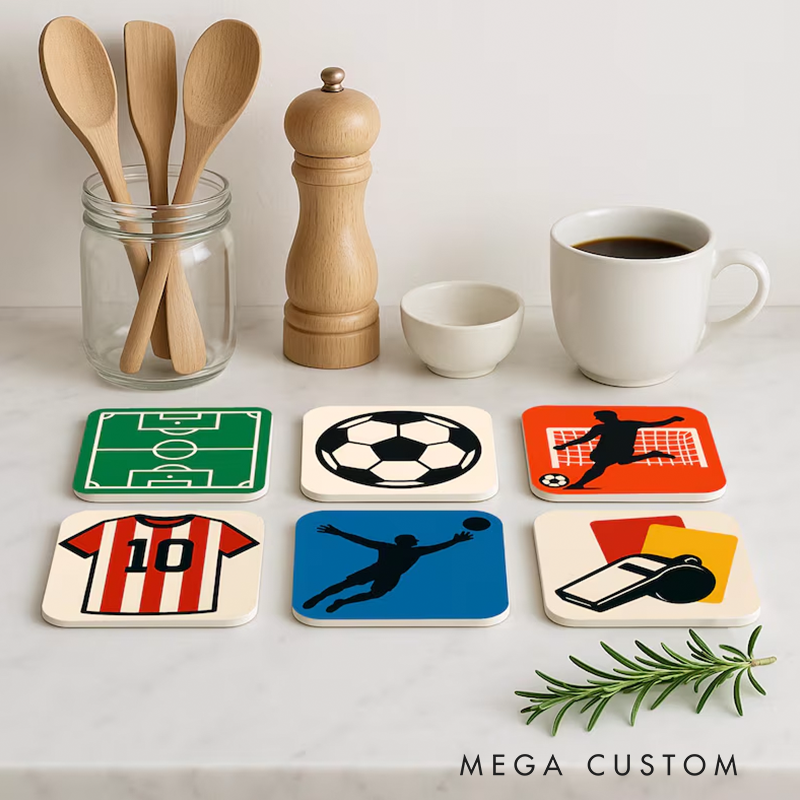 Personalized Soccer Themed Coaster Set Perfect Gift for Sports Fans and Game Day Enthusiasts