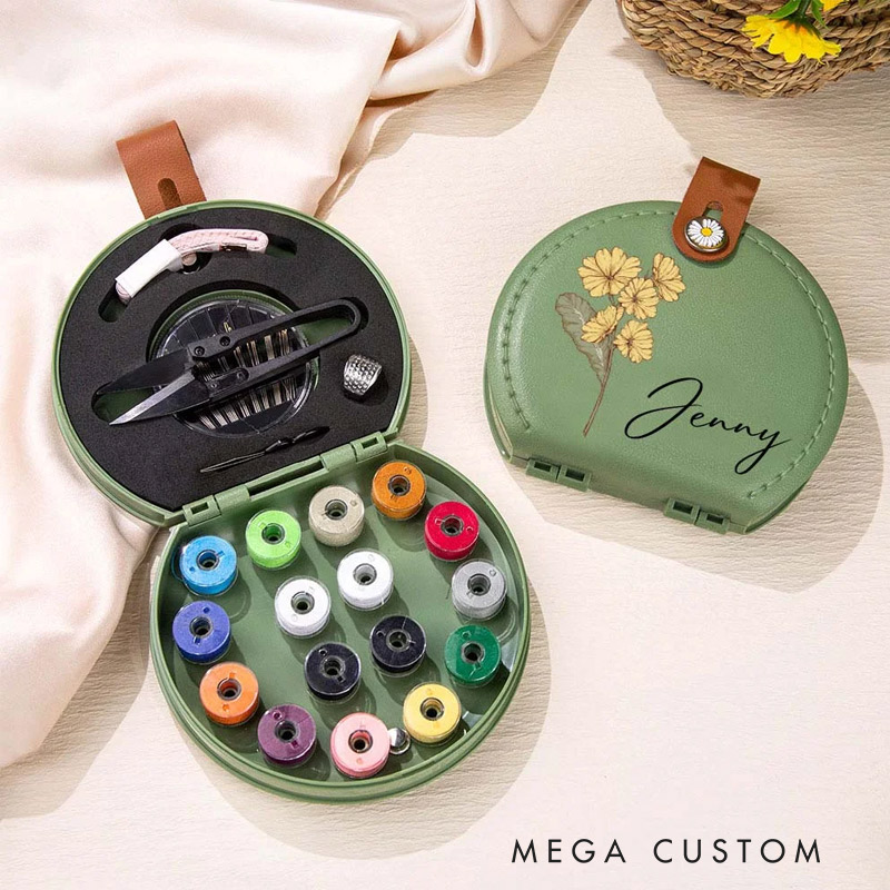 Personalized Birth Flower Portable Sewing Kit Set Storage Box with Name Birthday Gift for Tailor Lover