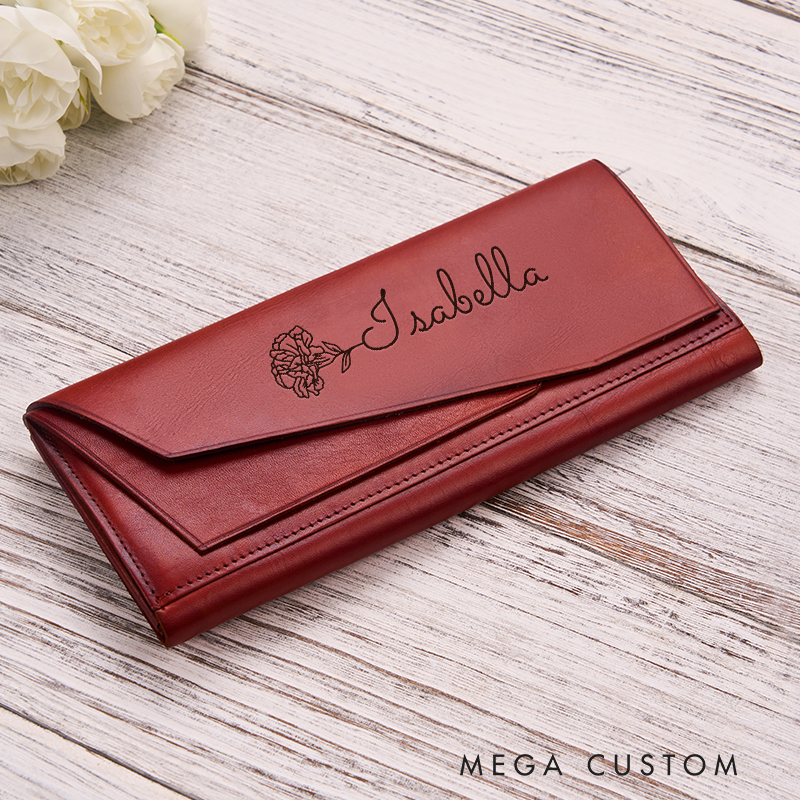 Personalizedustom Birth Flower Women Wallet Engraved Leather Wallet Leather Purse Birth Flower Monogram Wallet Women's Purse Gift For Her Gift For Mother Birthday Gift