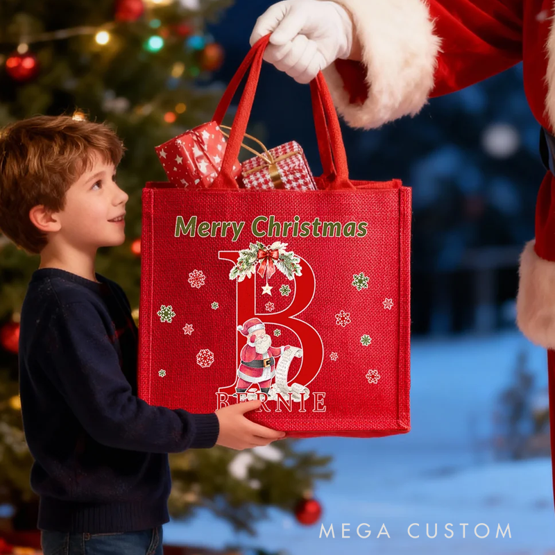 Personalized Santa Claus Reading Gift List Design Eco-Friendly Red Jute Bag with Name and Initial Daily Use Christmas Party Gift for Family Friends