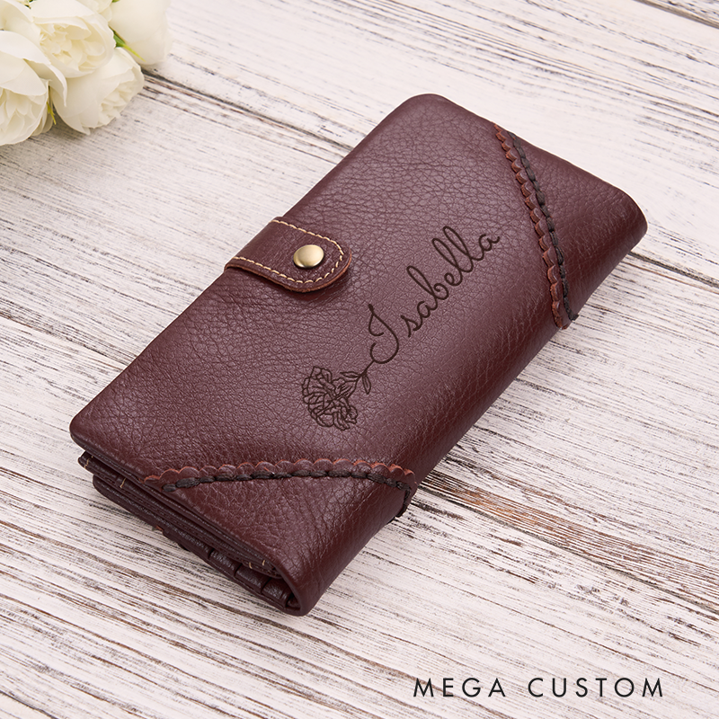 Personalized Leather Wallet For Her Birth Flower Wallet with Name Engraved Wallet For Women Leather Purse Birthday Gift For Her Gift For Mother Bridesmaid Gift Christmas Gift