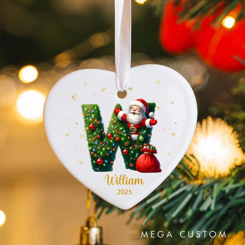 Personalized Santa Claus Woodland Initial Round Ceramic Ornament