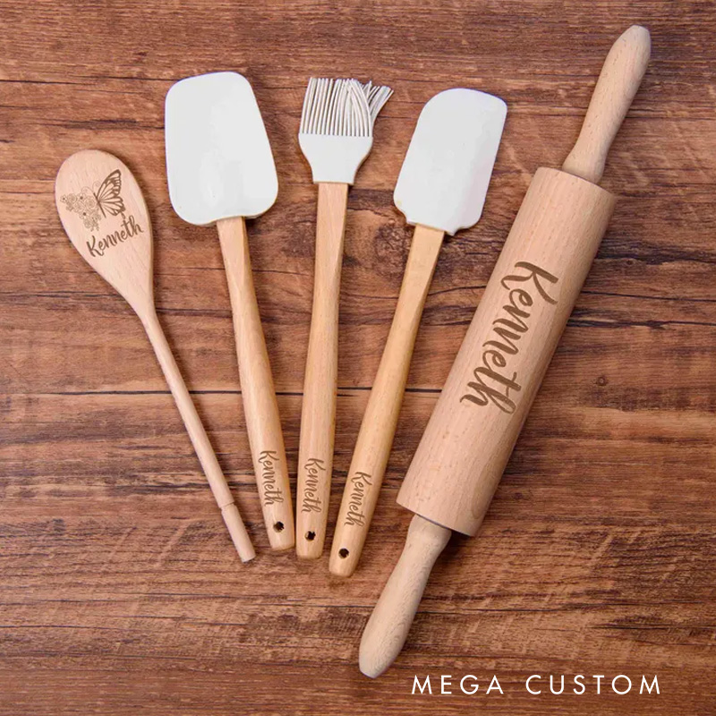 Personalized Rolling Pin, Wooden Spoon and Spatula Gift Box for Bakers Birthday Gift, Beechwood Baking Tool For Grandma with Name Baking Lover Gift