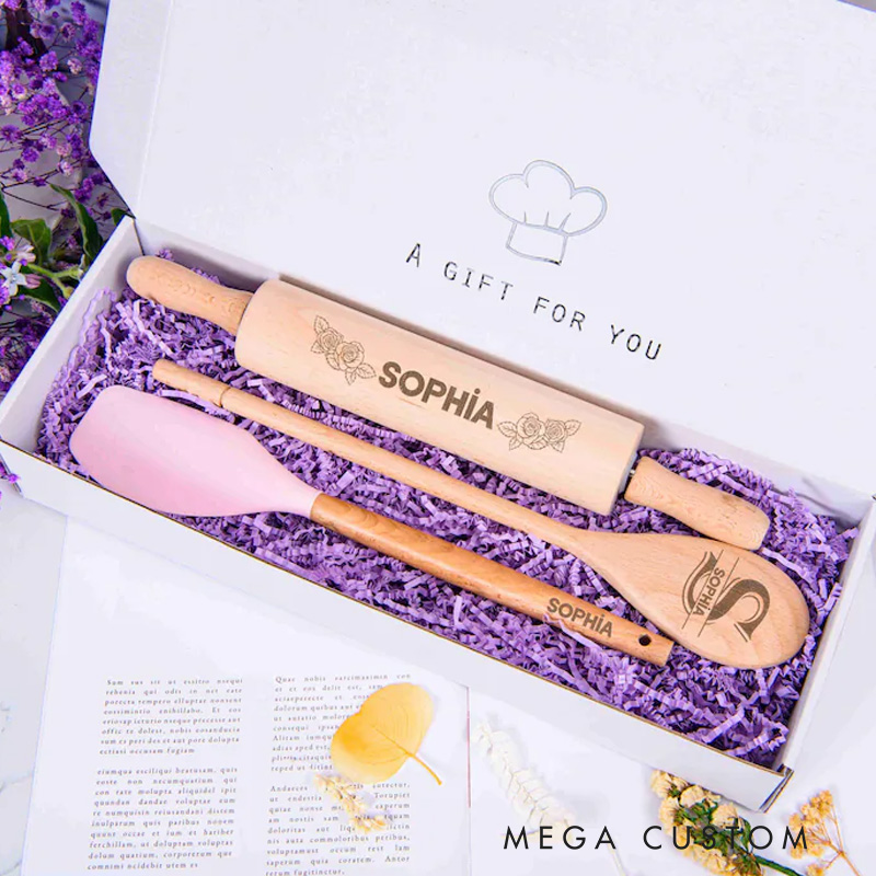 Personalized Rolling Pin, Spoon and Spatula Set with Name Engraved Kitchen Cooking Utensils Set for Mum Birthday Gift for Bakers Baking Lover Gift