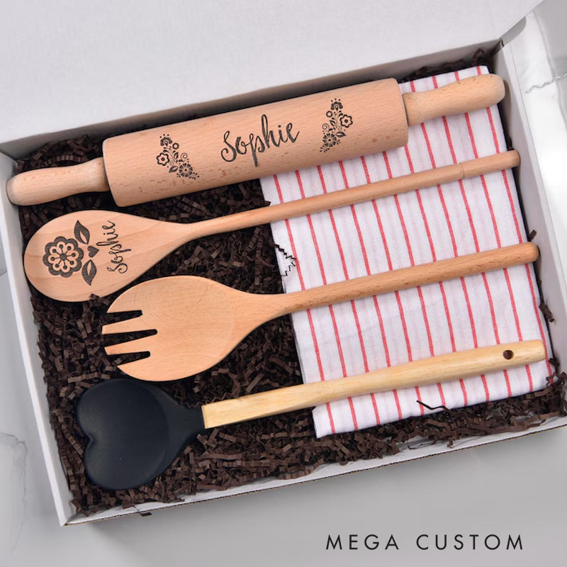 Personalized Silicone Baking Gift Box with Name Engraved Wooden Spoon and Spatula Set Home Baking Set for Baker Cooking Lover Baking Lover Gift