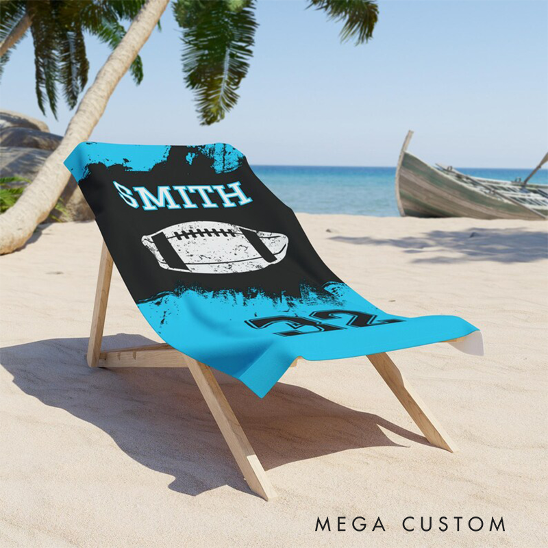 Personalized Football Beach Towel with Custom Name Number and Bold Dynamic Football Design Perfect for Fans Players and Outdoor Activities