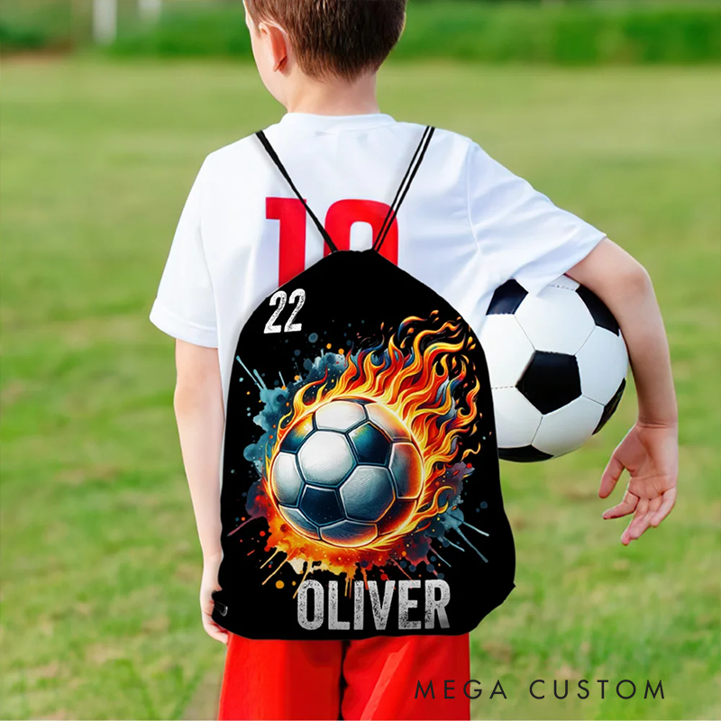 Personalized Sports Drawstring Bag with Flaming Basketball Soccer Volleyball and Baseball Designs Custom Name and Number Backpack