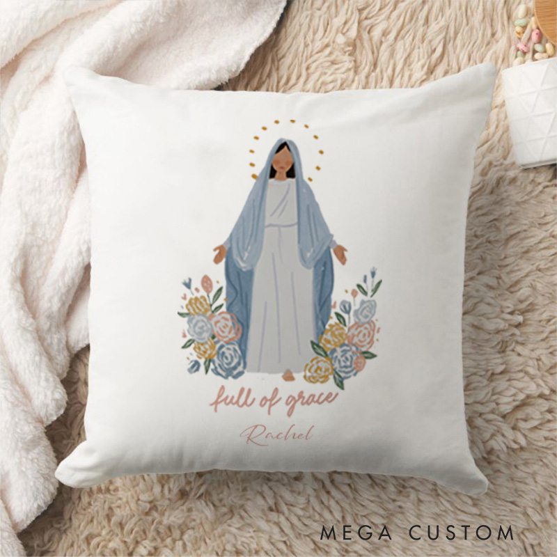 Personalized Full of Grace Virgin Mary Throw Pillow with Name Home Decor Religious Gift Catholic Gift for Women