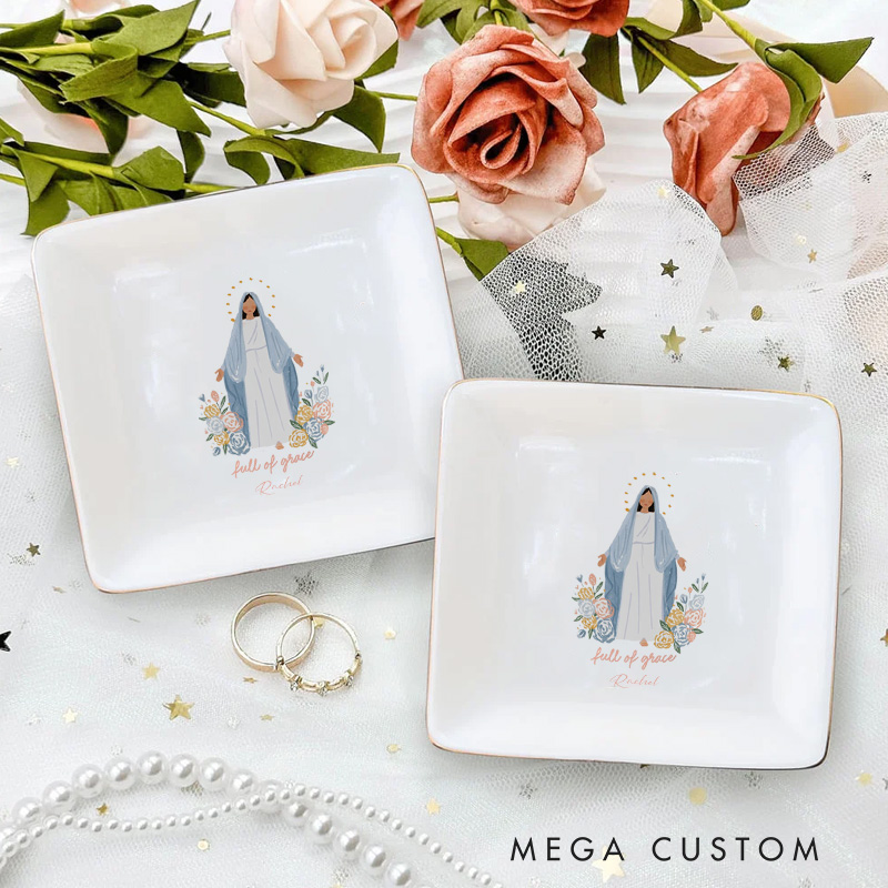 Personalised Full of Grace Virgin Mary Ceramic Jewelry Dish with Name Catholic Religious Gift Birthday Gift for Women and Girls 
