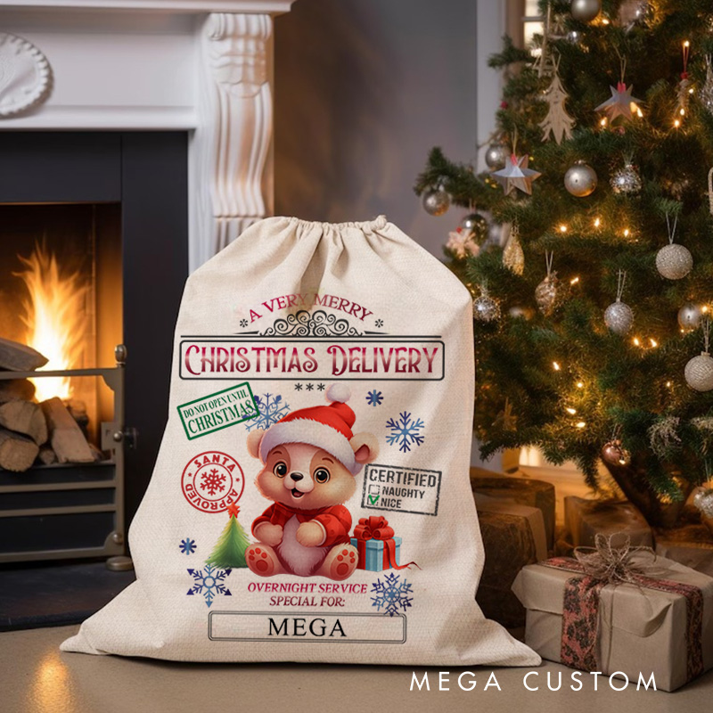 Personalized Teddy Bear Express Delivery Christmas Bag with Festive Stamps and Name for a Joyful Holiday Gift
