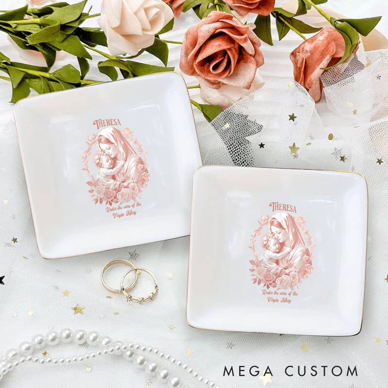Personalised Virgin Mary Ceramic Jewelry Dish with Name Catholic Religious Gift Birthday Gift for Women and Girls 