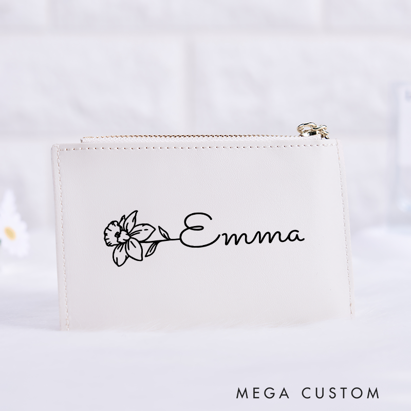 Personalized Leather Wallet for Girl Birth Flower Wallet for Her Leather Wallet With Zipper Purse Wallet Cute wallet Unique Gift for Her Birthday Gifts