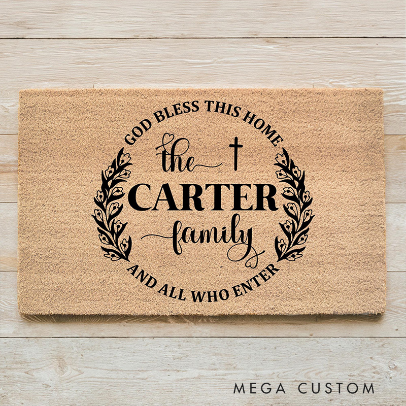 Personalized God Bless This Home Doormat with Family Name Non-Slip Durable Front Door Decor Outdoor Decor Religious Family Gift Christian Home Gift