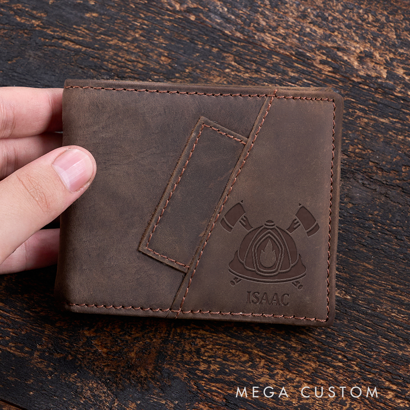 Personalized Firefighter Leather Wallet Engraved Wallet Crazy Horse Wallet Birthday Gift for Him Groomsman Gift Boyfriend Gift Dad Gift Husband Gift