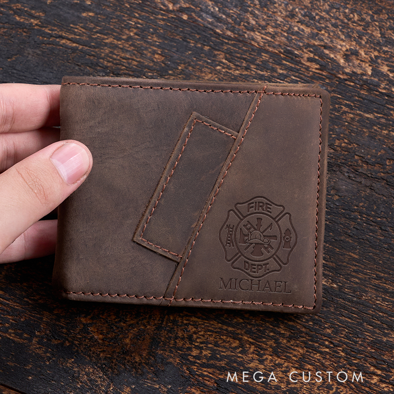 Personalized Firefighter Leather Wallet Engraved Wallet Crazy Horse Wallet Birthday Gift for Him Groomsman Gift Boyfriend Gift Dad Gift Husband Gift