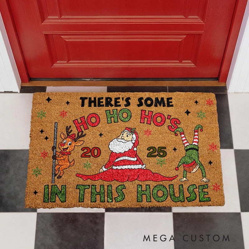 Personalized There’s Some Ho Ho Ho’s In This House Doormat Merry Christmas Welcome Mat Funny Santa Porch Rug Seasonal Coir Mat Festive Entryway Decor