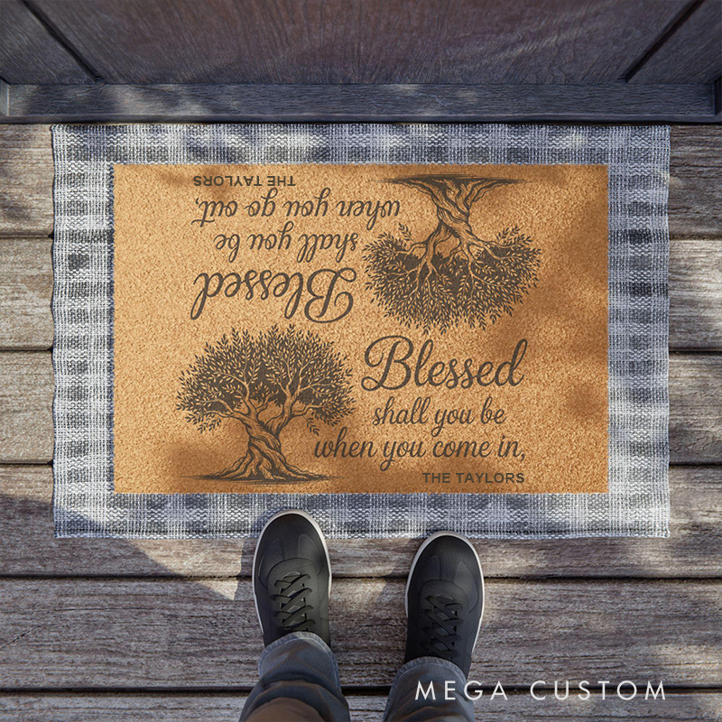 Personalized Blessed Shall You Be Deuteronomy 28:6 Doormat with Family Name Non-Slip Durable Front Door Decor Bible Verse Welcome Mat Religious Gift