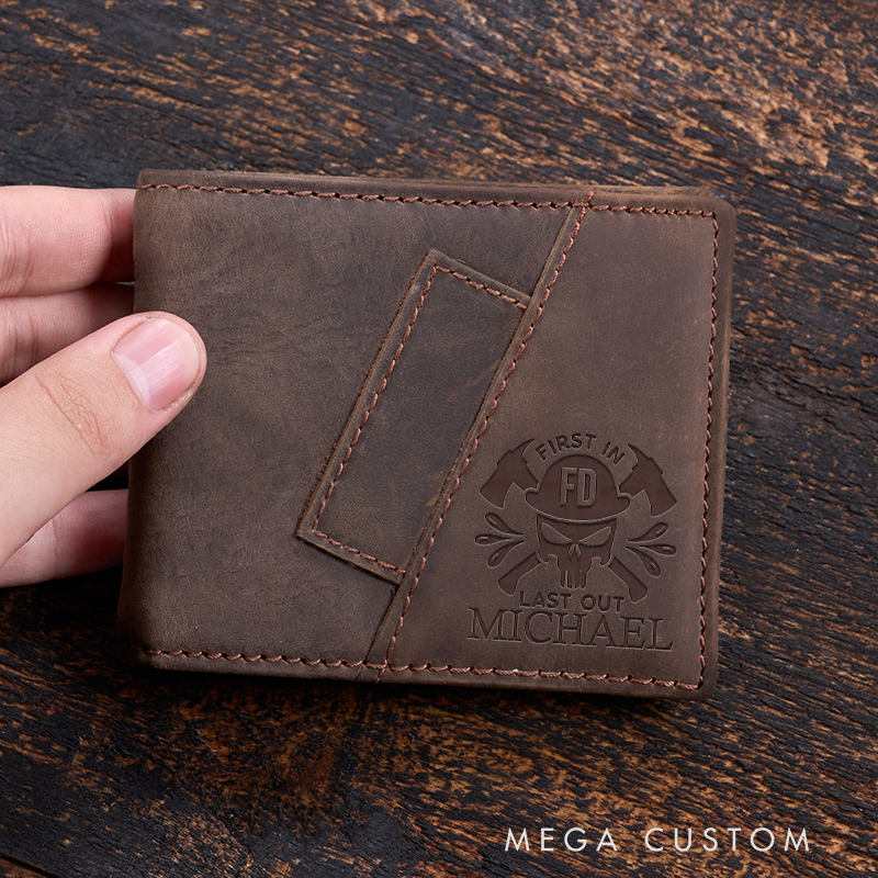 Personalized Firefighter Leather Wallet Engraved Wallet Crazy Horse Wallet Birthday Gift for Him Groomsman Gift Boyfriend Gift Dad Gift Husband Gift