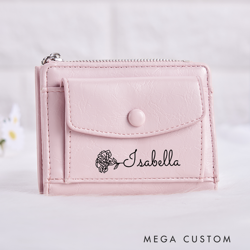 Personalized Leather Wallet for Girl Birth Flower Wallet for Her Zipper Wallet Purse Wallet Cute wallet Women's Purse Unique Gift for Her Birthday Gifts
