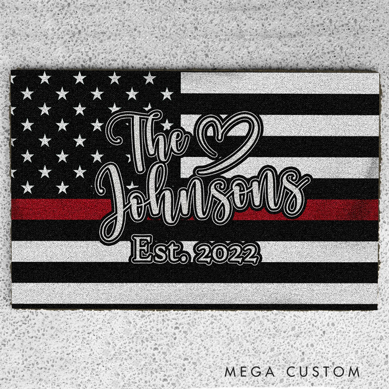 Personalized Firefighter Doormat with American Flag Thin Red Line and Family Name Design Gift for Firefighter Families