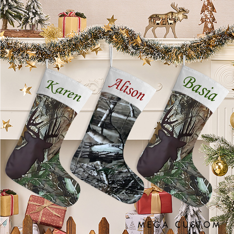 Personalized Camo Christmas Stockings Buck Brown Hunting Outdoors Woodland Deer Camoflauge Christmas Stocking Christmas Gift for Hunting Lover