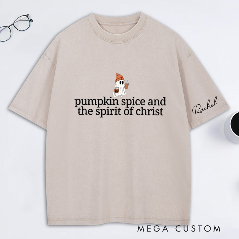 Personalized Cute Ghost Pumpkin Spice Washed T-Shirt with Name Halloween Gift Religious Gift for Christians