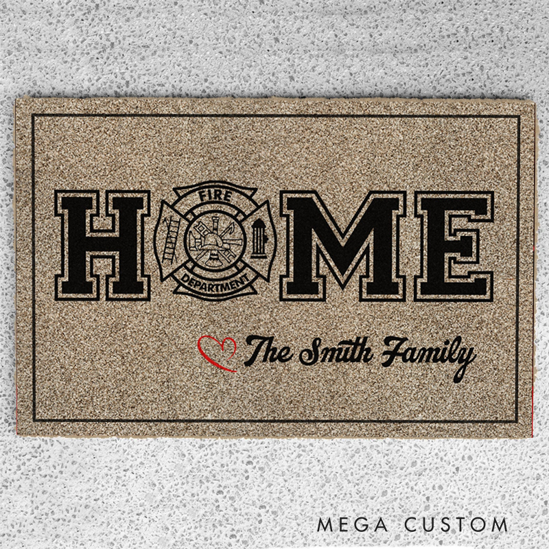 Personalized Firefighter Doormat with Home Design Fire Department Emblem and Family Name Gift for Firefighter Families