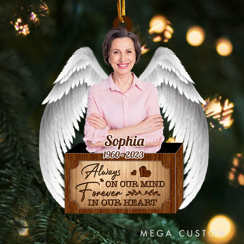 Personalized Memorial Wings Ornament Custom Photo Acrylic Ornament Always On Our Mind Forever In Our Heart Funeral Ornaments
