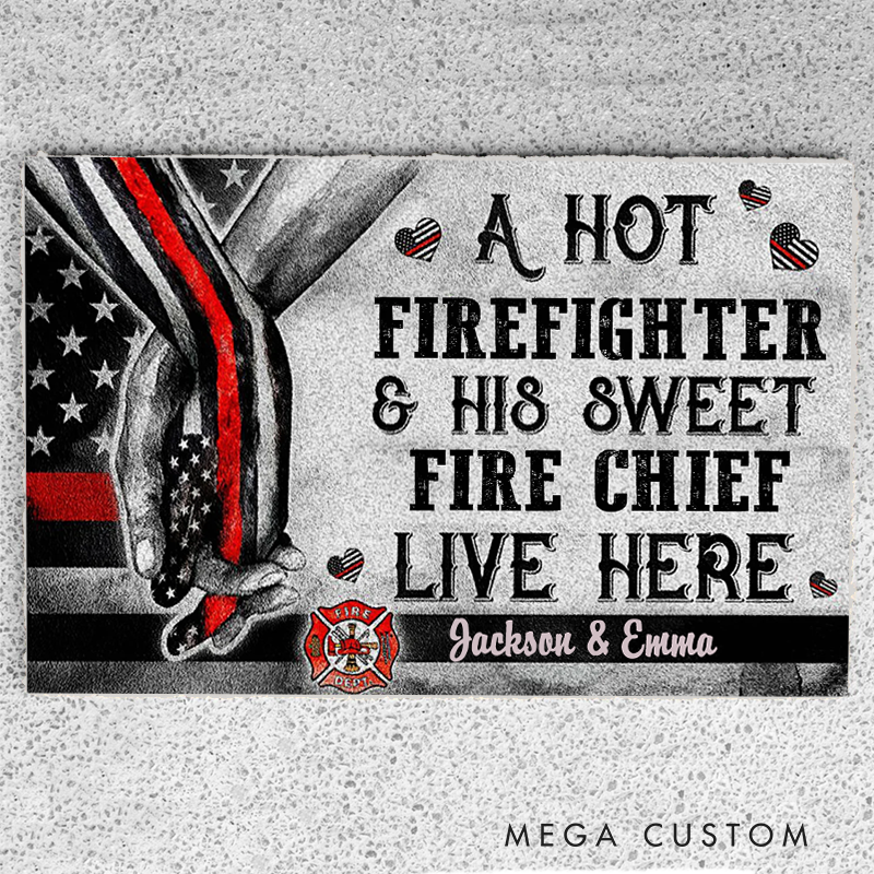 Personalized Firefighter Doormat with Hot Firefighter and Sweet Fire Chief Design and Couple's Names Gift for Firefighter Couples
