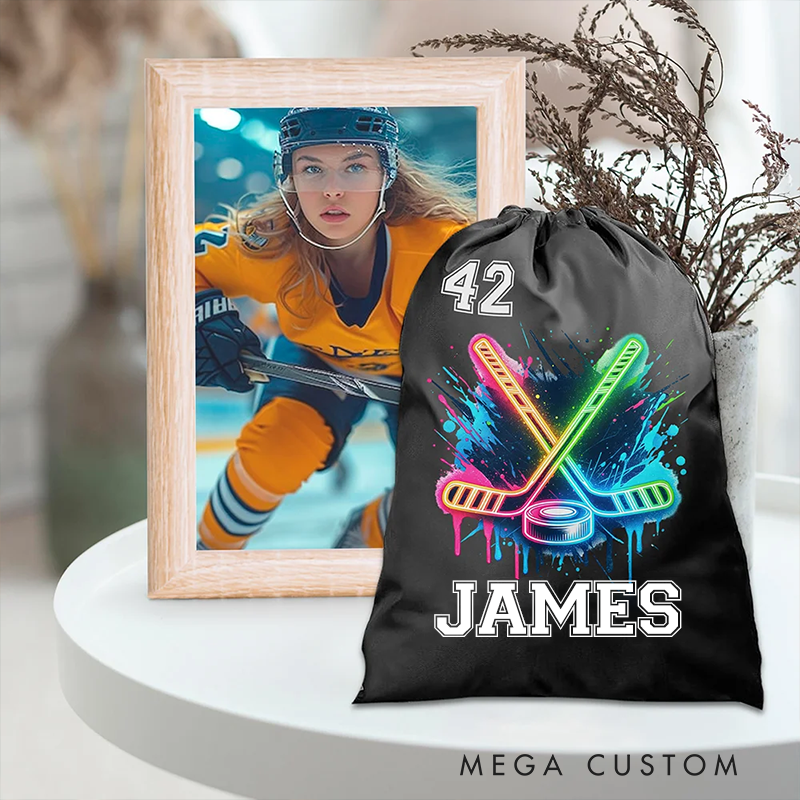 Personalized Ice Hockey Drawstring Bag Custom Name and Number with Neon Stick Design