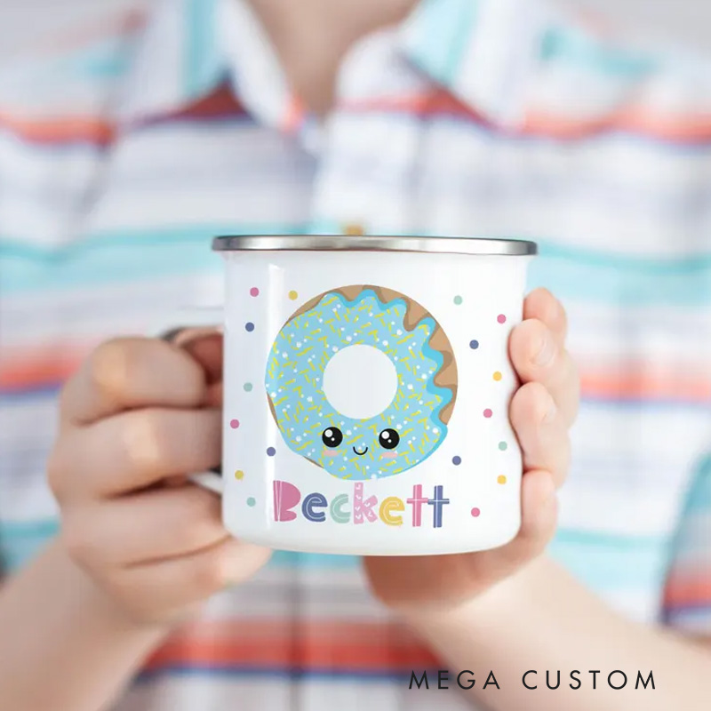Personalized Donut Mug Kids Mug with Name Polka Dot Donut Enamel Mug for Baker Birthday Party Donut Party Favors